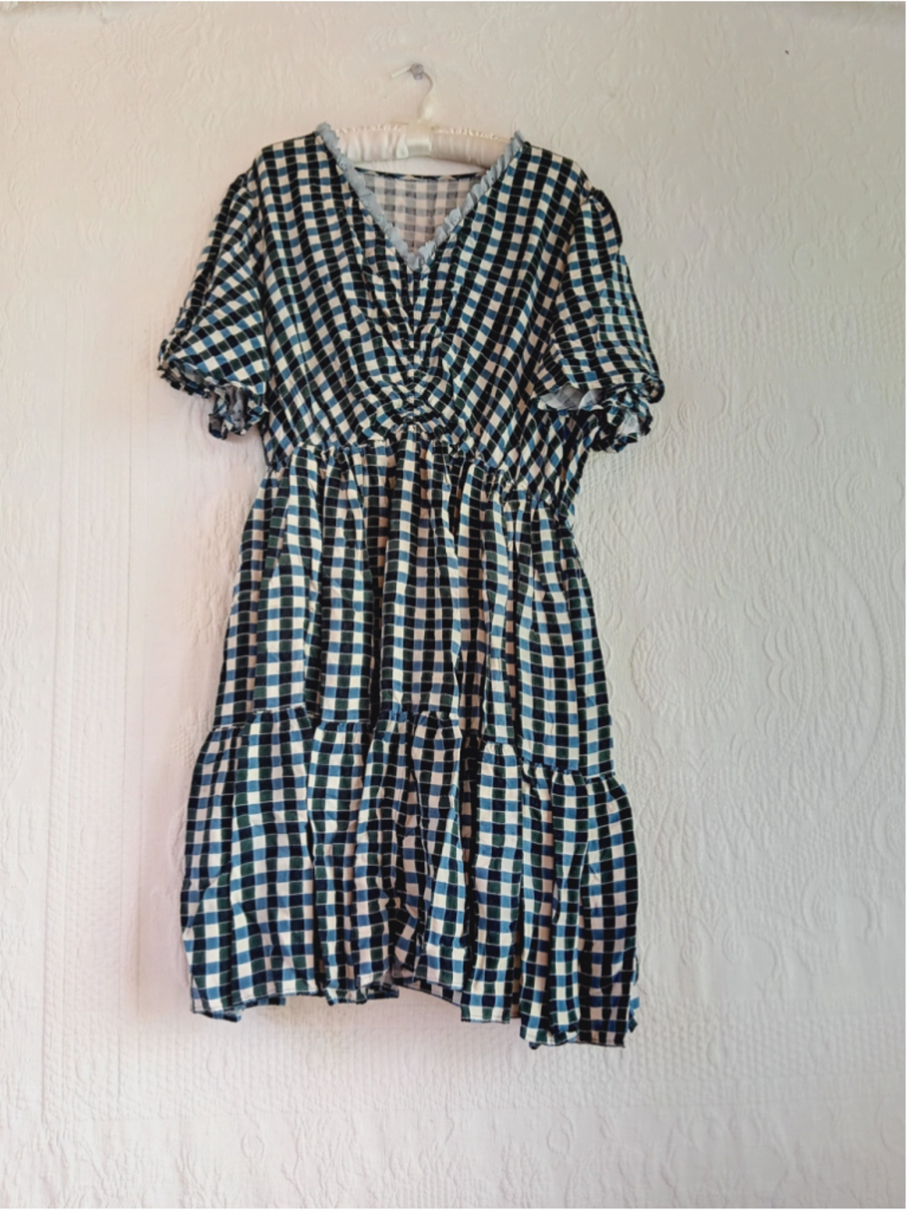 Gingham Check Dress Blue Green plaid cottagecore prairie Western ruffled tiered - Picture 12 of 12